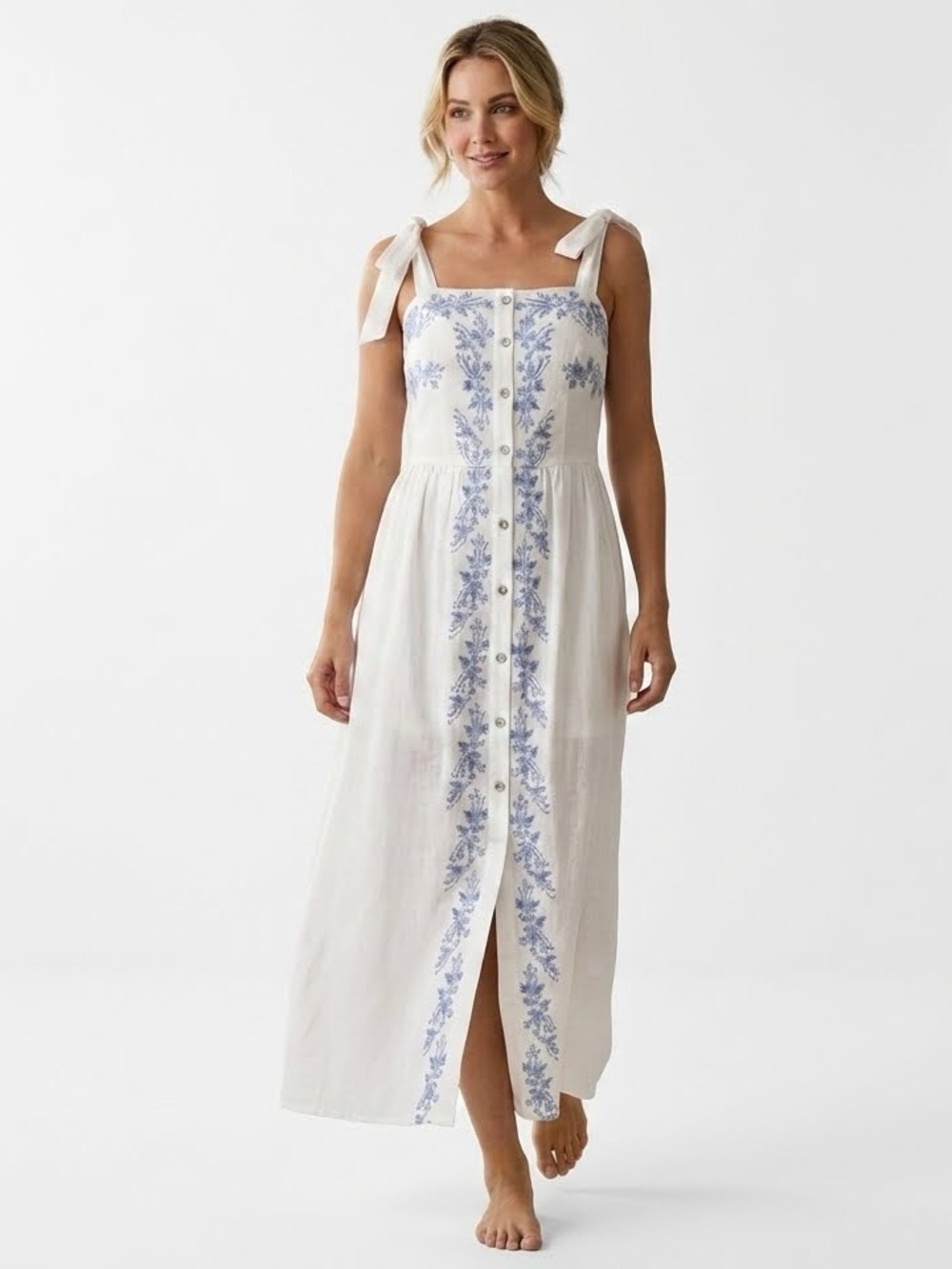 Lulus Embroidered Button Square Front Midi A-Line Dress, Blue White, Size S